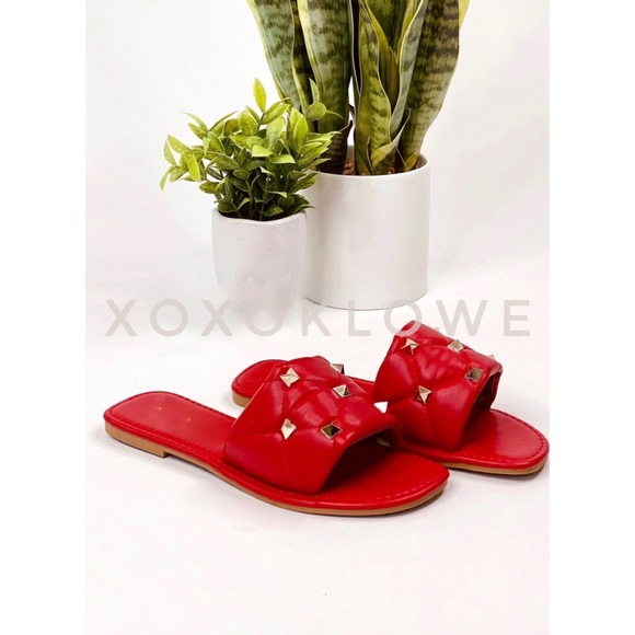 Gold Studded Quilted Wide Band Sandal Slide - Picture 6 of 13